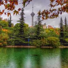 image of عکسی بسیار زیبا از برج میلاد میان درختان پارک گفتگو ، تهران